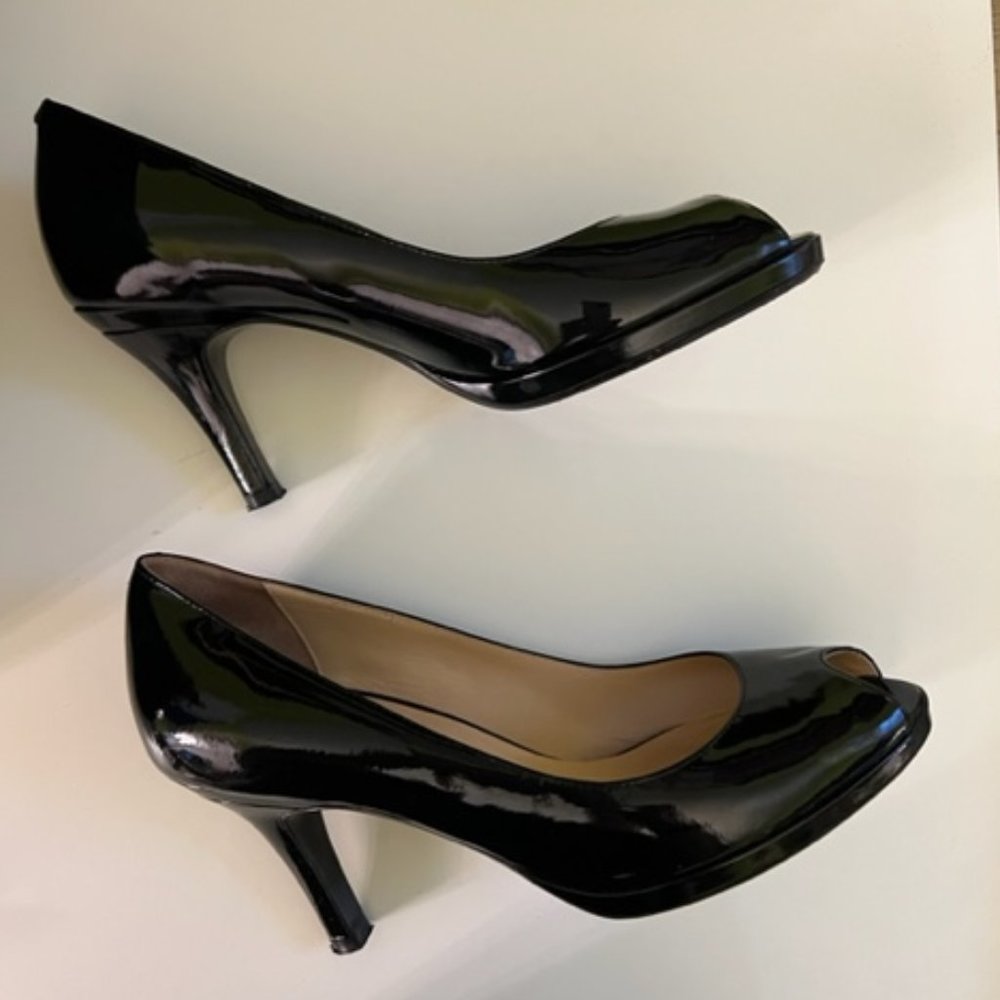 Holiday Heels! Cole Haan Carma Black Patent Leather Peep Toe Heels